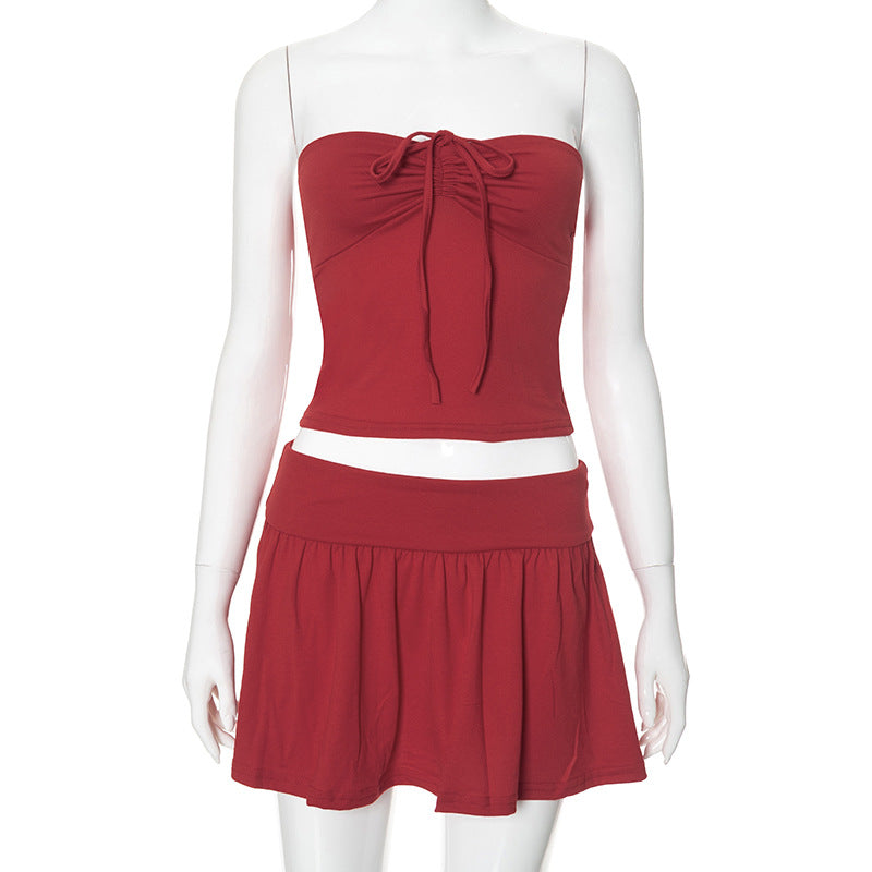 Women's Summer Strapless Low Back Ruffled Casual Two Piece Skirt Set 15
