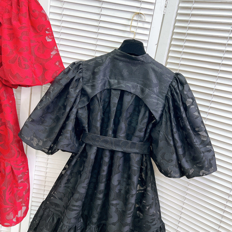 Women Round Neck Vintage Jacquard Puff Sleeve Casual Belt Dress 21