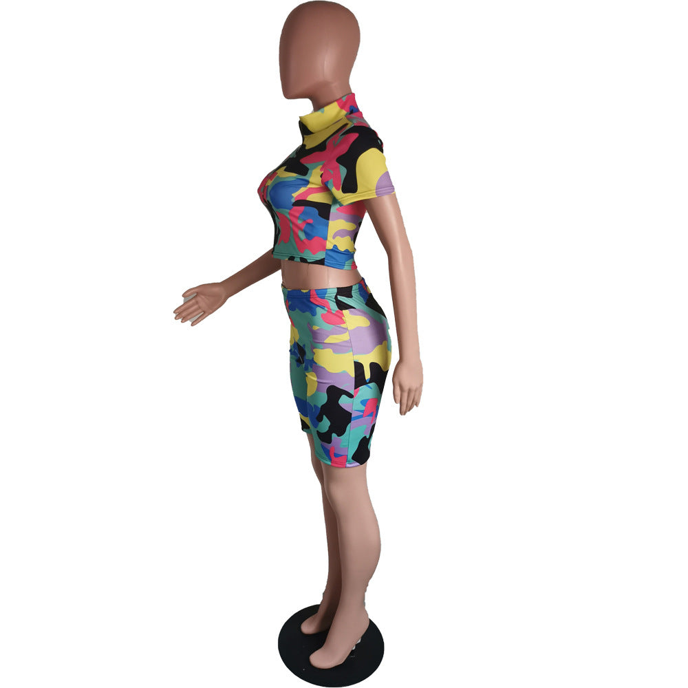 Women's Sexy Camouflage Short Sleeve Zipper High Waist Two-Piece Set 15