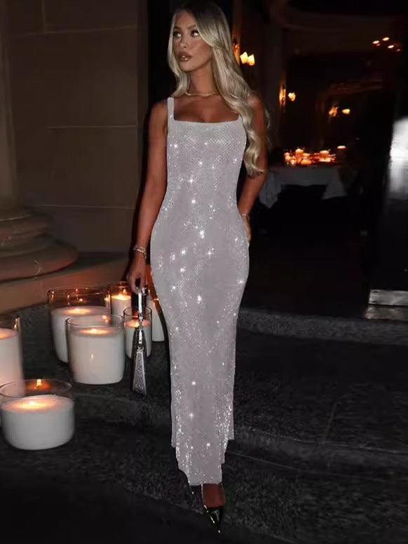 Women Off Shoulder Solid Sequin Suspender Sexy Bodycon Dress 4