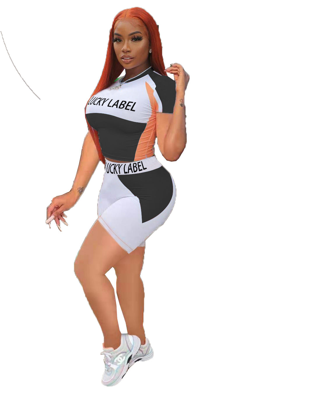 Women's Letter Colorblock Print Short Sleeve Shorts Tracksuit 5