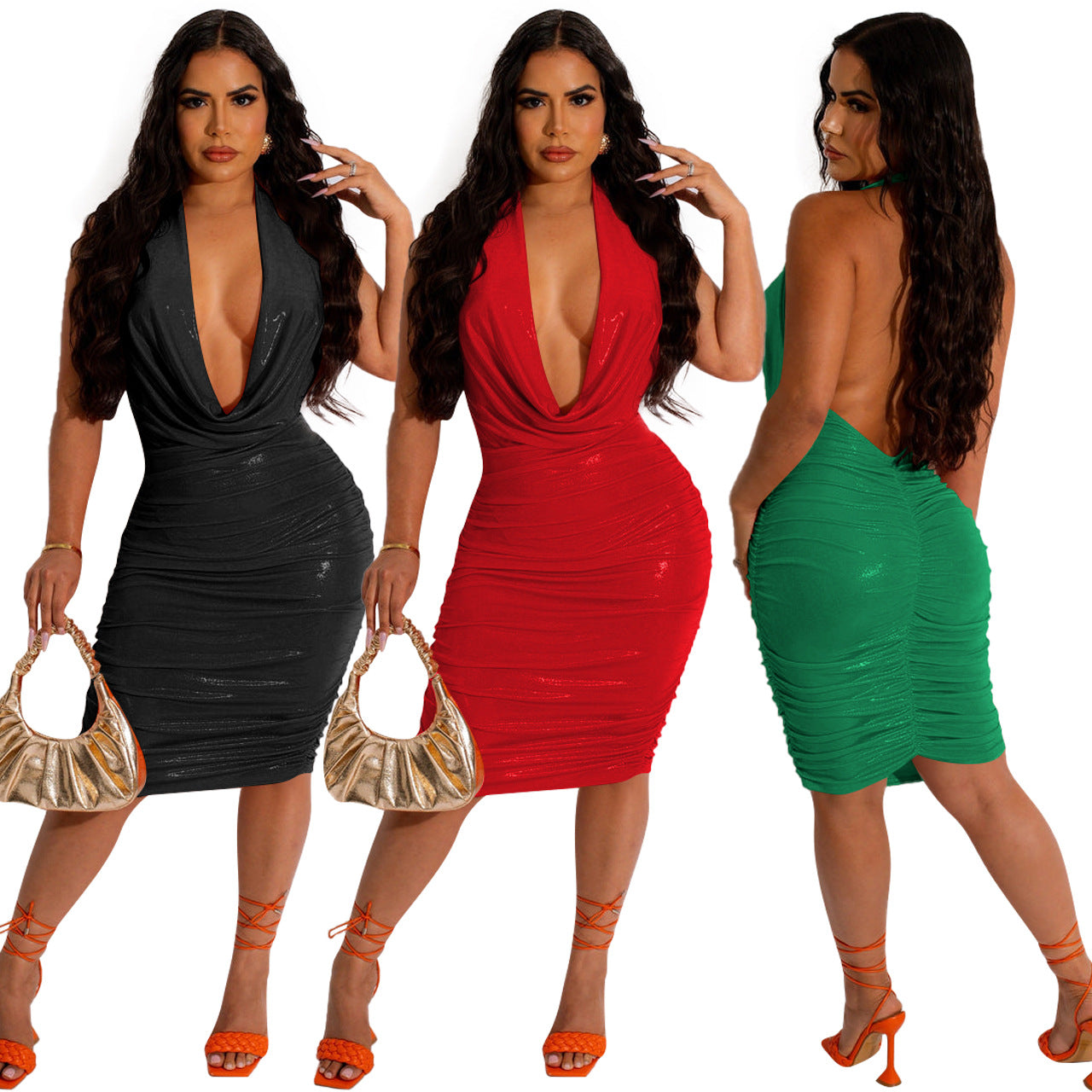 Ladies Sexy Low Neck Low Back Shiny Dress