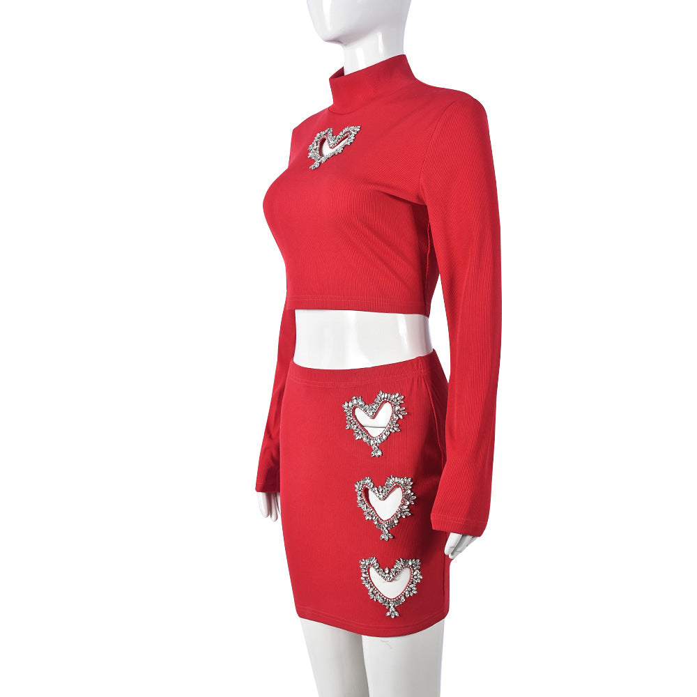 Rhinestone Heart Hollow Crop T-Shirt Short Skirt Fashion Casual Two Piece Set For Women 6