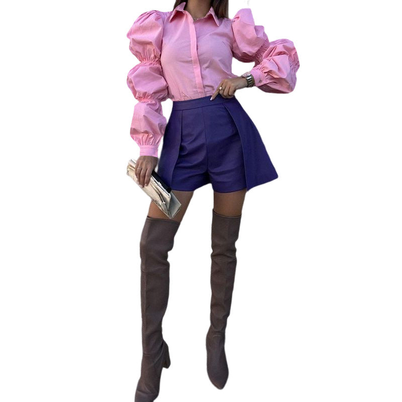 Autumn Women's Fashion Chic Loose Long Sleeve Turndown Collar Solid Color Linen Shirt 8