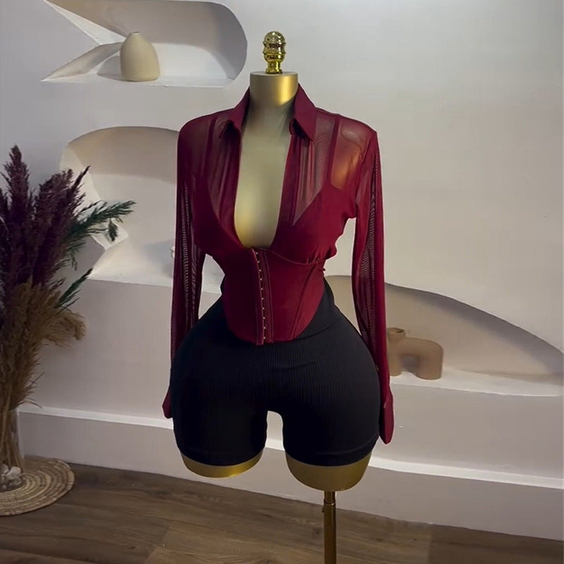 Summer Chic Turn-Down Collar Slim Waist Mesh Patchwork Long-Sleeve Shirt 3