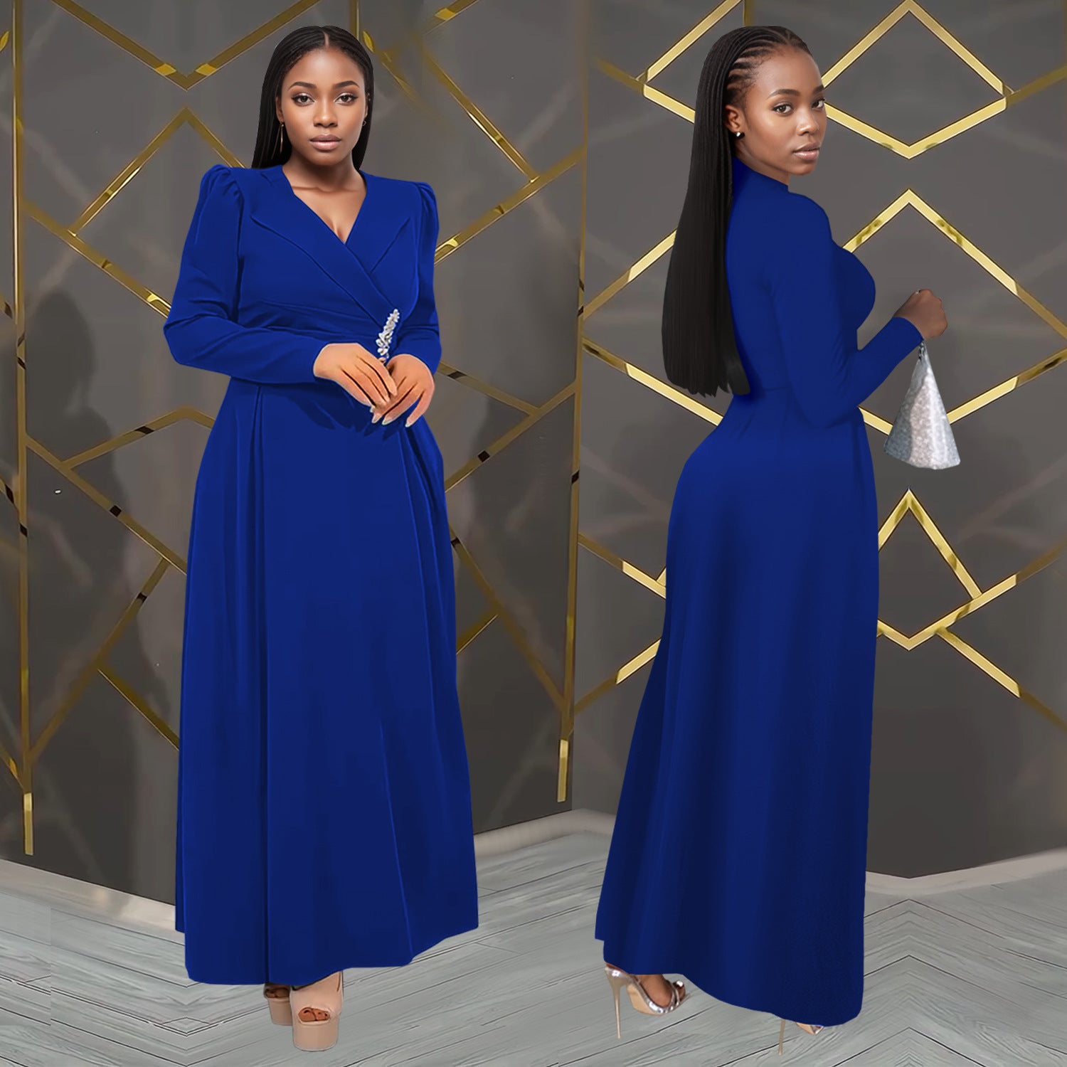 Women Cross Turndown Collar Long Sleeve Dress 7