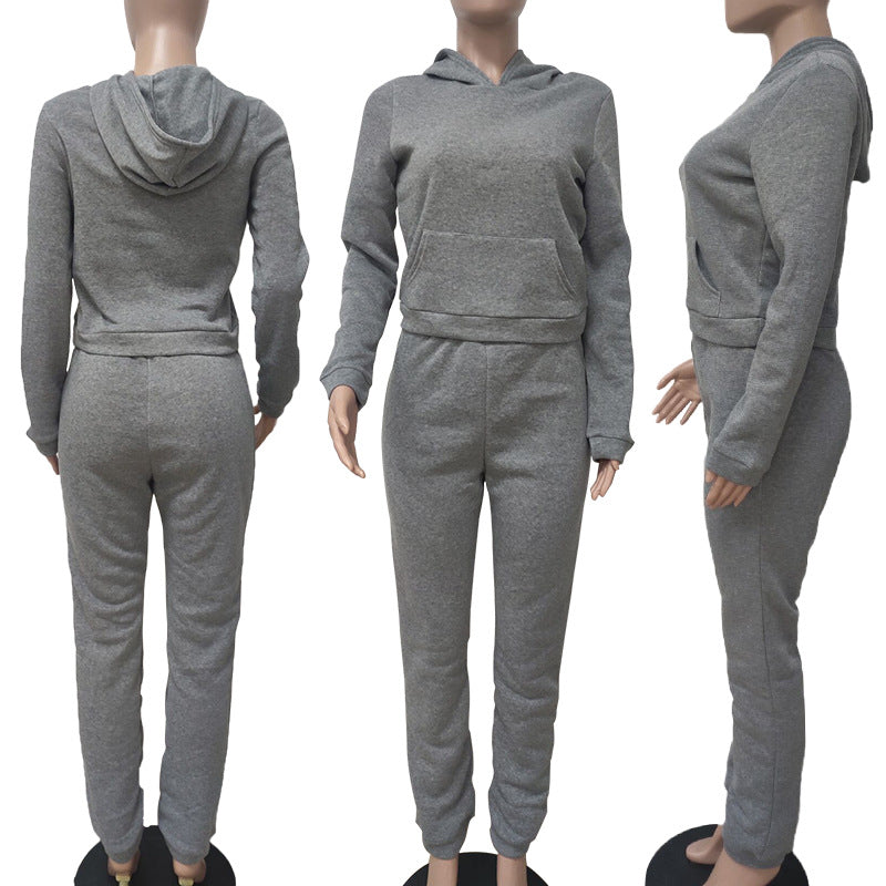 Women Fall/Winter Solid Hoodies and Pant Sport Two-Piece Set 29