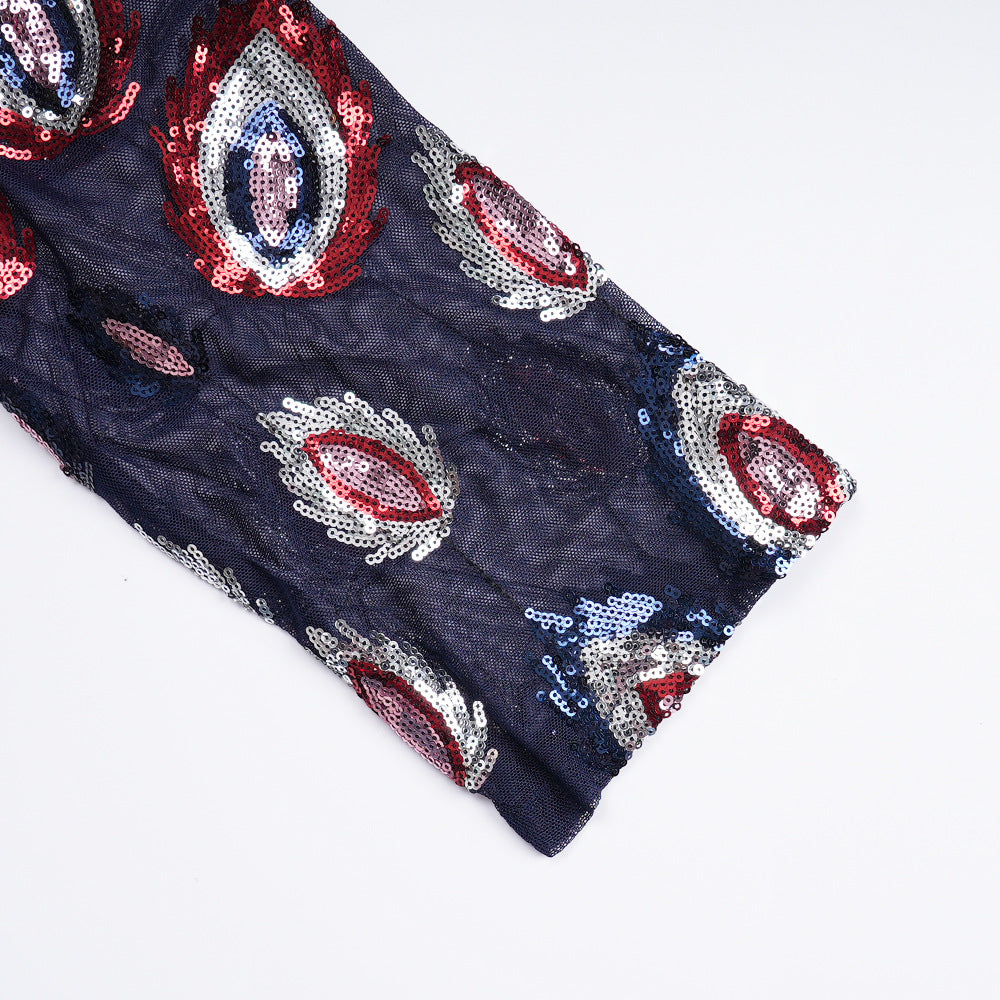 Patchwork Contrast African Women's Plus Size High Waist Sequin Long Dress 20