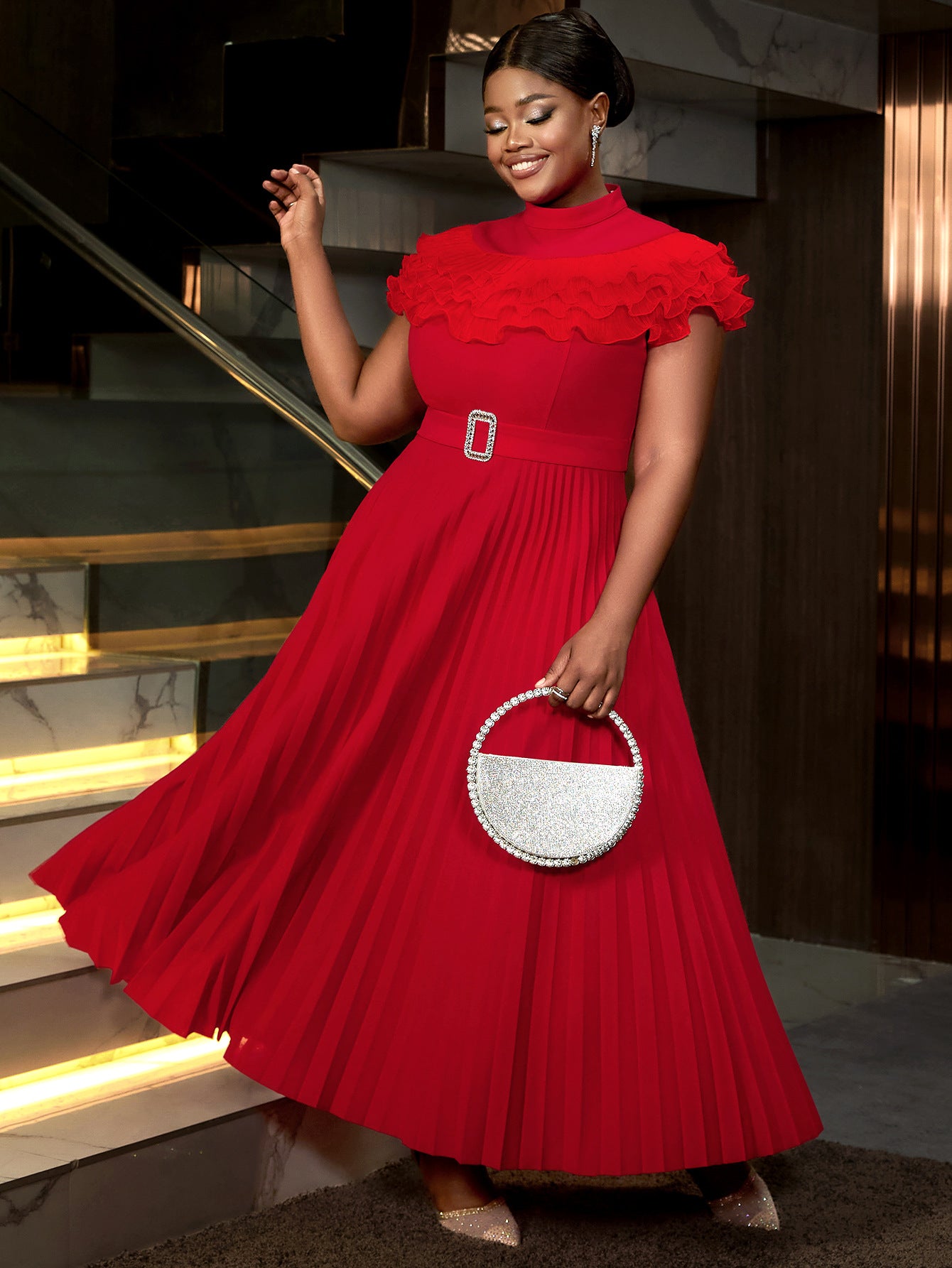 Women Mesh Patchwork Ruffle Edge Pleated Formal Party Dress 4