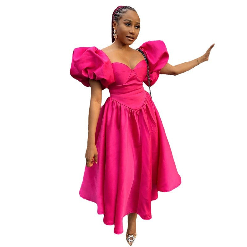 Women's Winter And Spring Fashion Square Neck Puff Sleeve Solid Color Slim Waist Maxi Dress 6