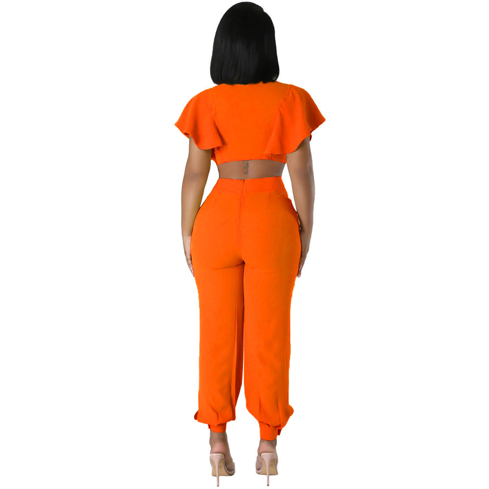 Ruffle Sleeve Crop Short turndown collar Shirt High Waist Casual Fashion pants Women's Two-piece Set 7