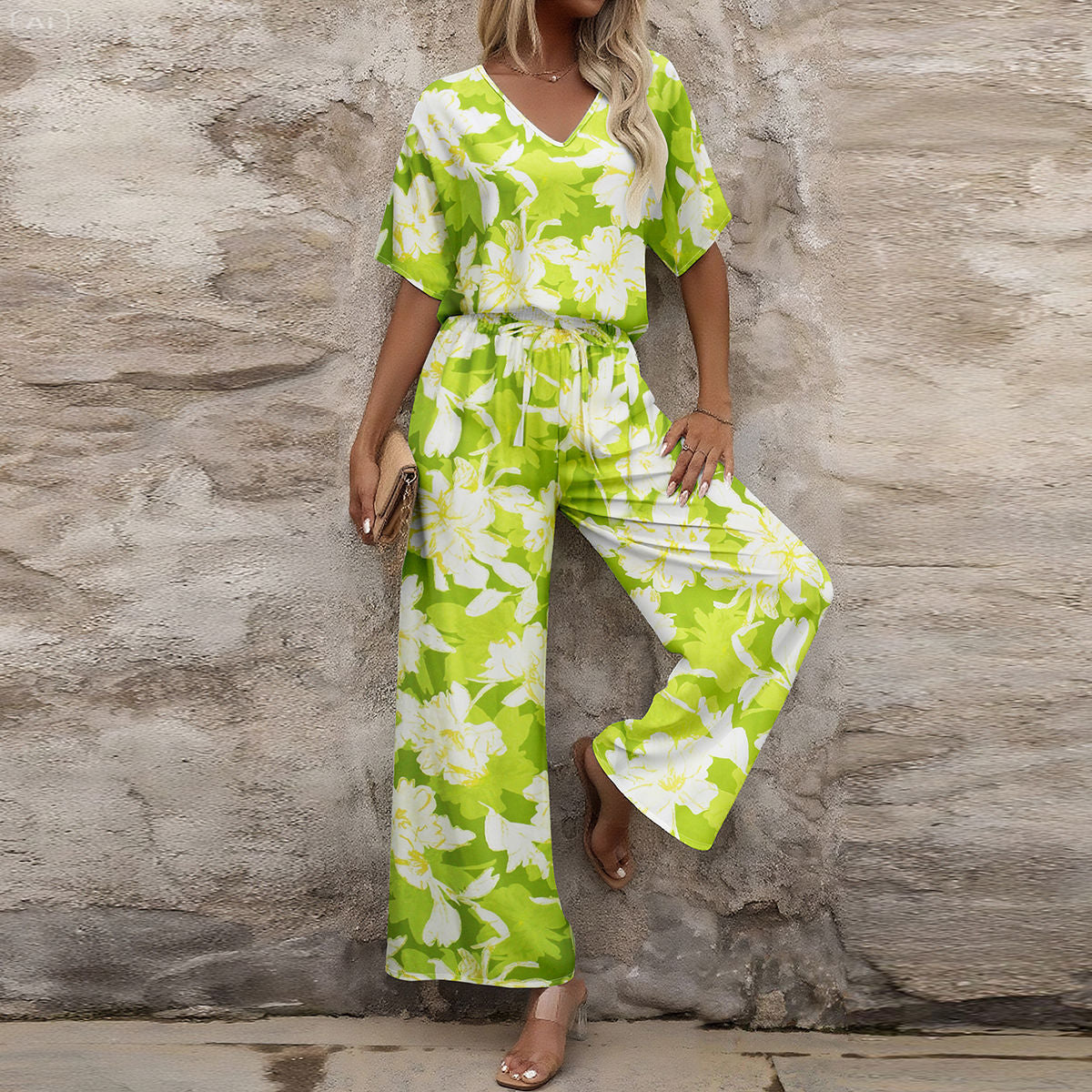 Women Elegant V-neck Short Sleeve Top and Long Pants Casual Two-piece Set 6