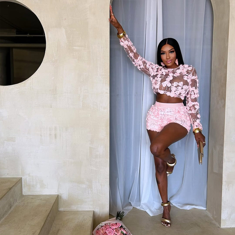 Women round neck long sleeve top and sexy shorts two-piece set 7