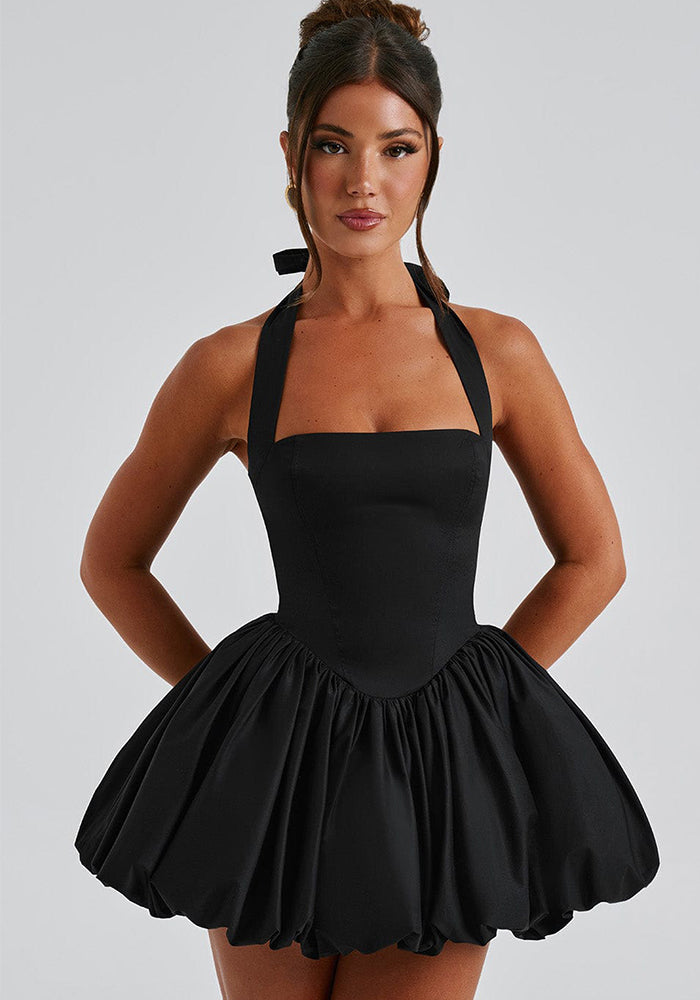 Summer Style Sexy Slim Waist Lace-Up Halter Neck Bubble Dress