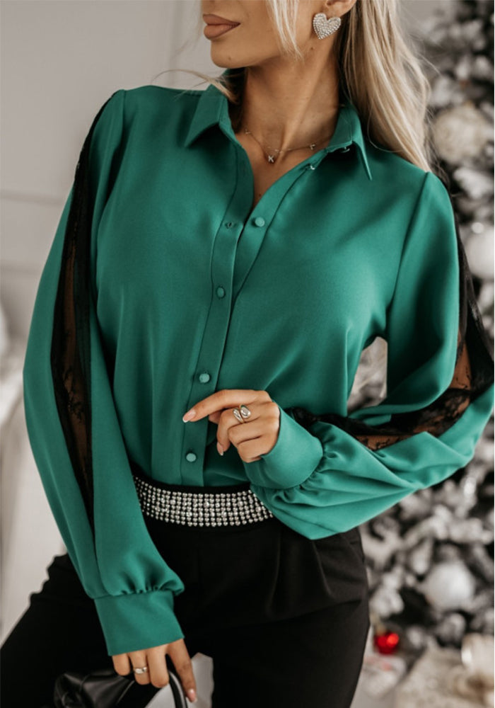 Long Sleeve Patchwork Lace Button Turndown Collar Long Sleeve Loose Shirt
