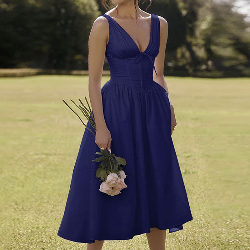 Autumn women's elegant fashion print Strap V-neck high waist Low Back a-line Dress 6