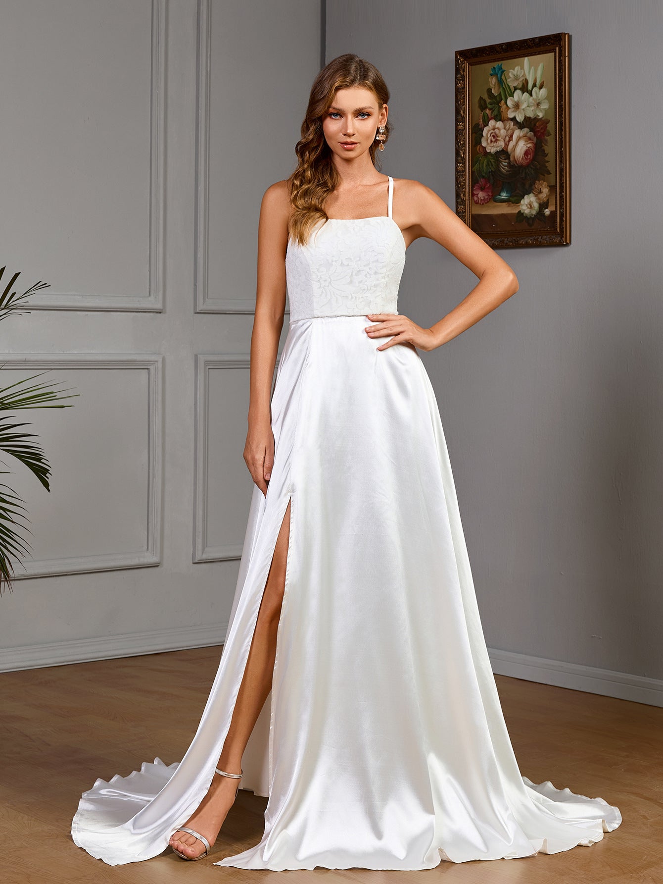 Women sleeveless suspender solid formal party evening dress 3