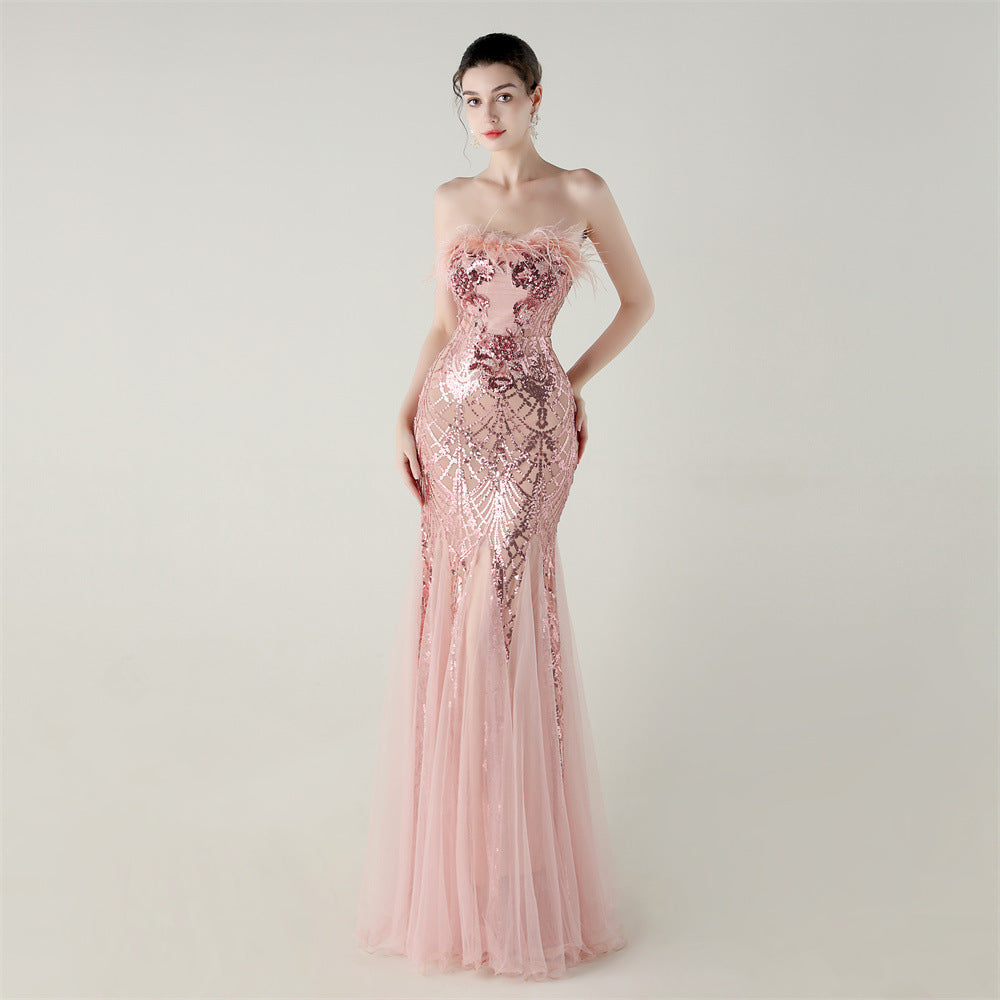 Women sequined tube flower ostrich feather Strapless cross Lace-Up Mesh Formal Party fishtail evening dress 7