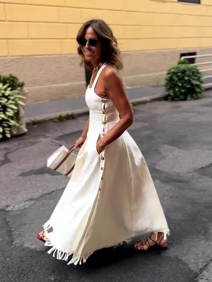 Women's Bohemian Fringe Slit White Dress 4