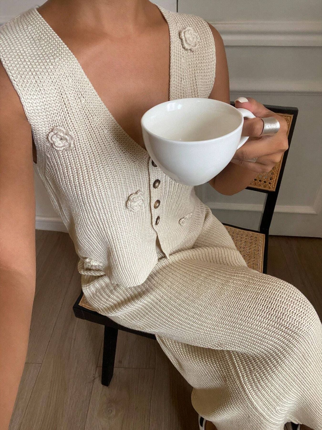 Women Spring Summer Flower Knitting Sleeveless Vest and Skirt Two-Piece Set 6