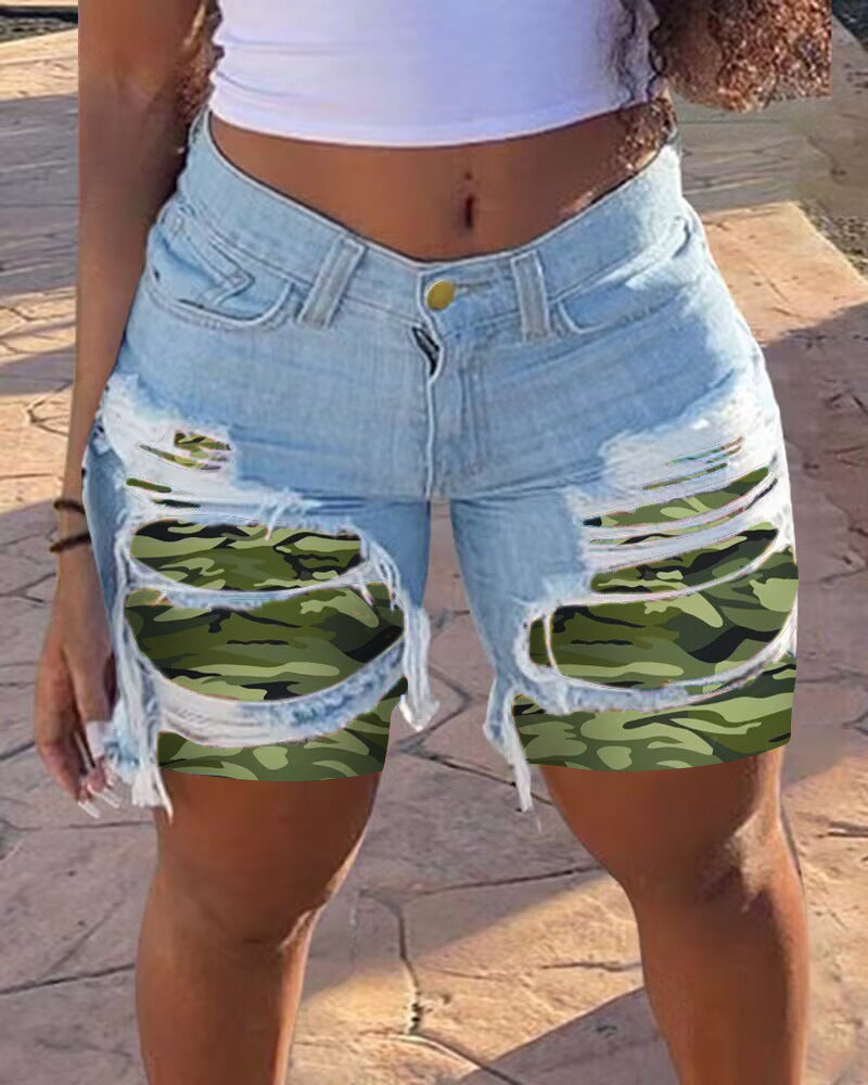 Spring Summer Patched Ripped Mid Women's Denim Shorts 18