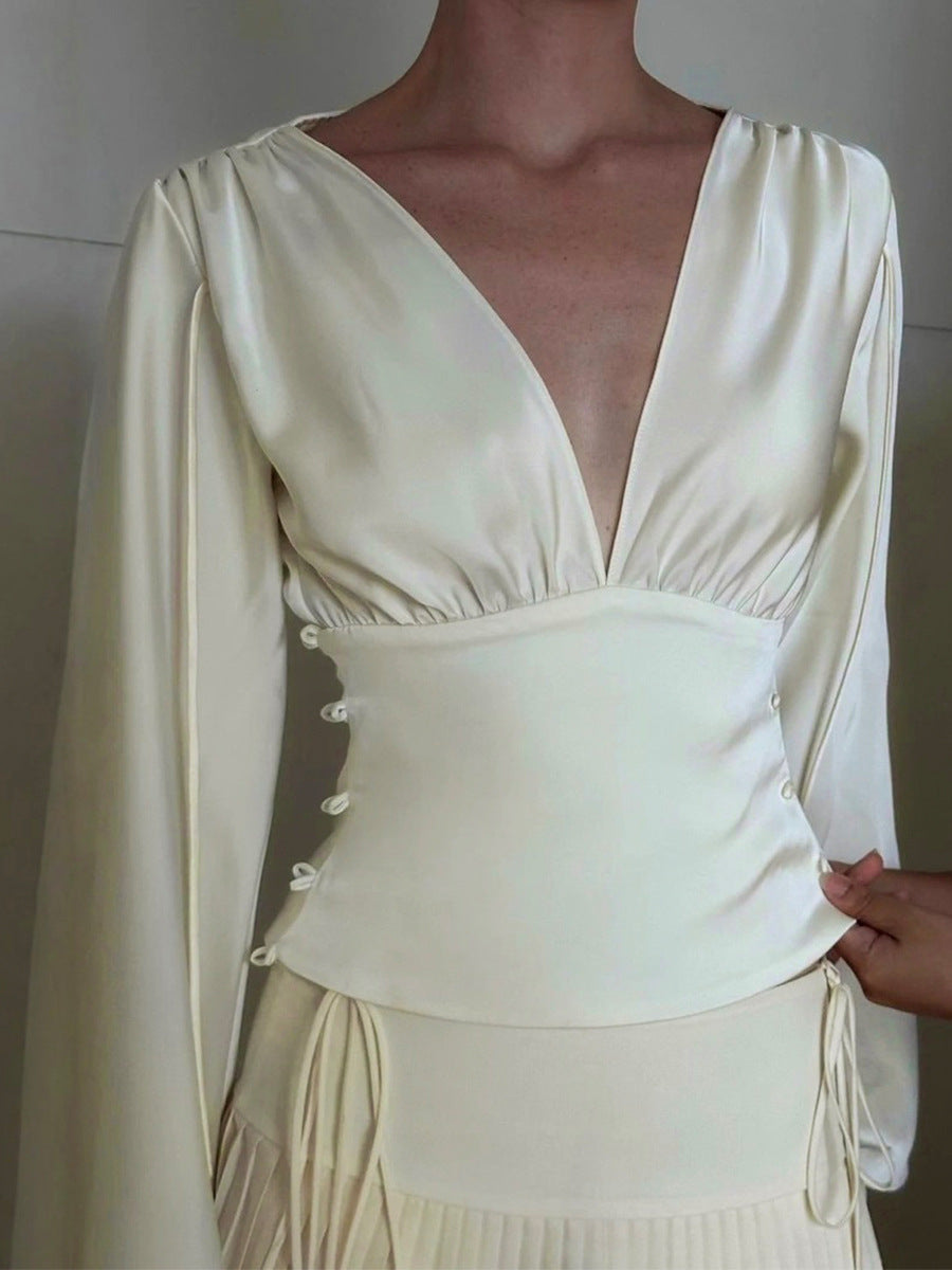 Autumn Long Sleeve Shirt High Elastic Satin Slim Waist Drawstring Women's Blouse 4