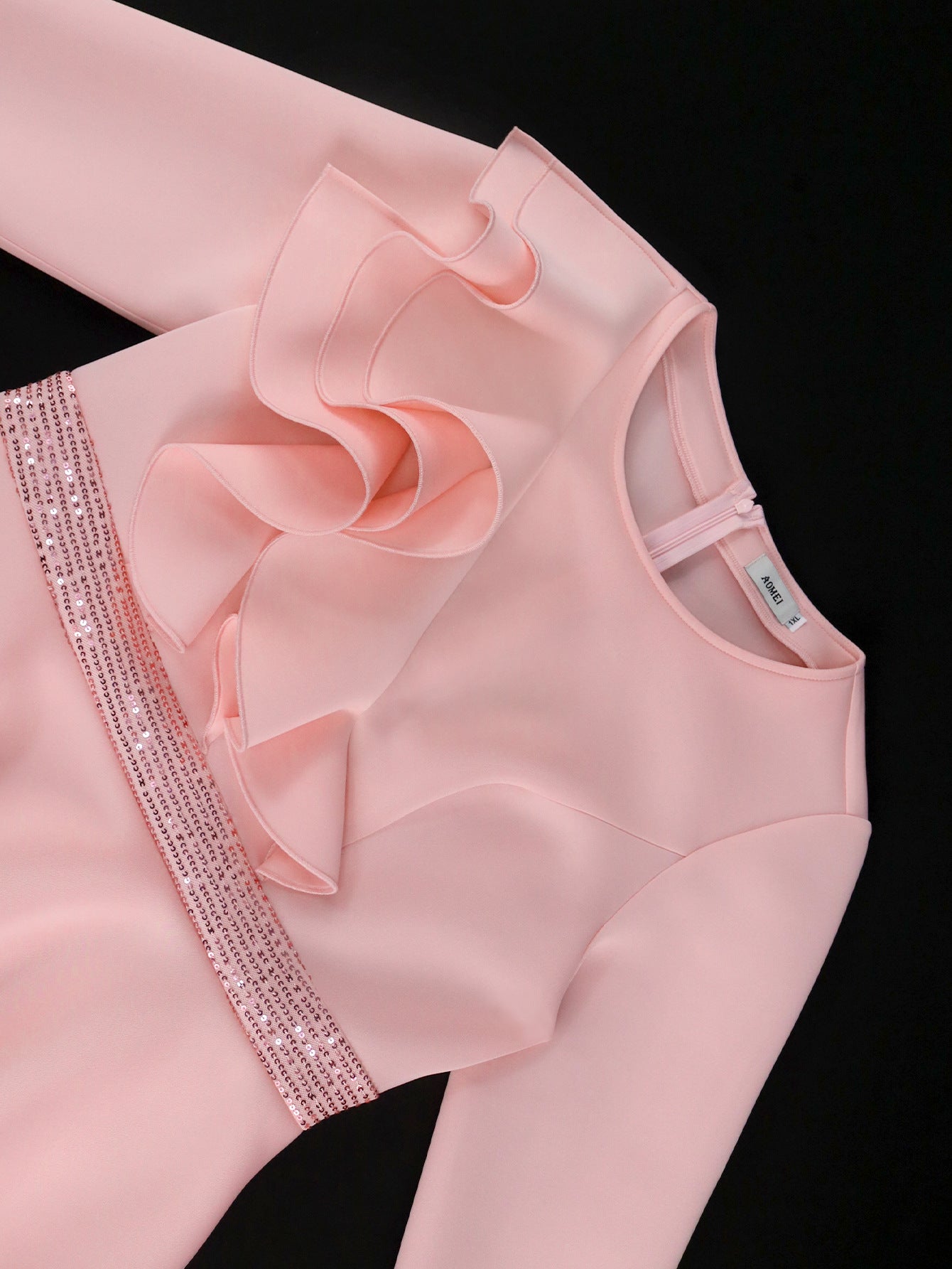 Women Round Neck Bell Bottom Sleeve Party Ruffle Sequin Dress 7