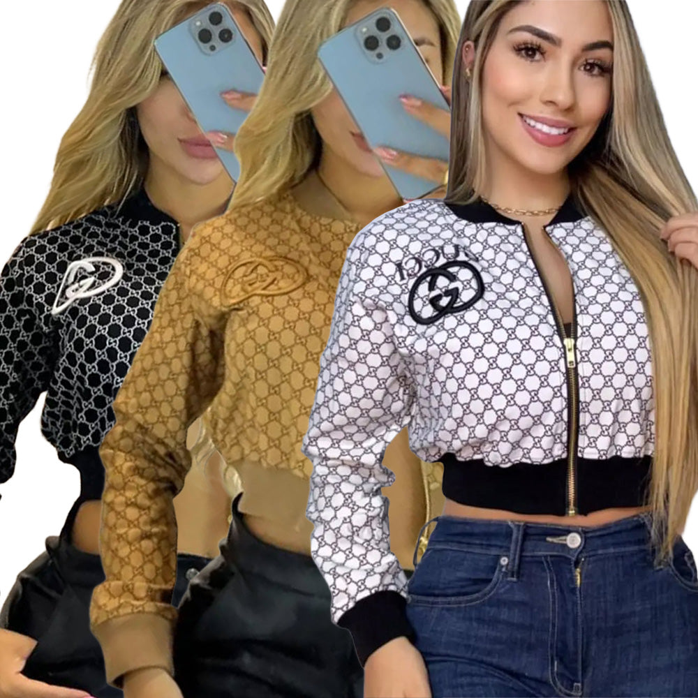 Women Printed Embroidered Ribbed Long-Sleeved Zippered Jacket 9