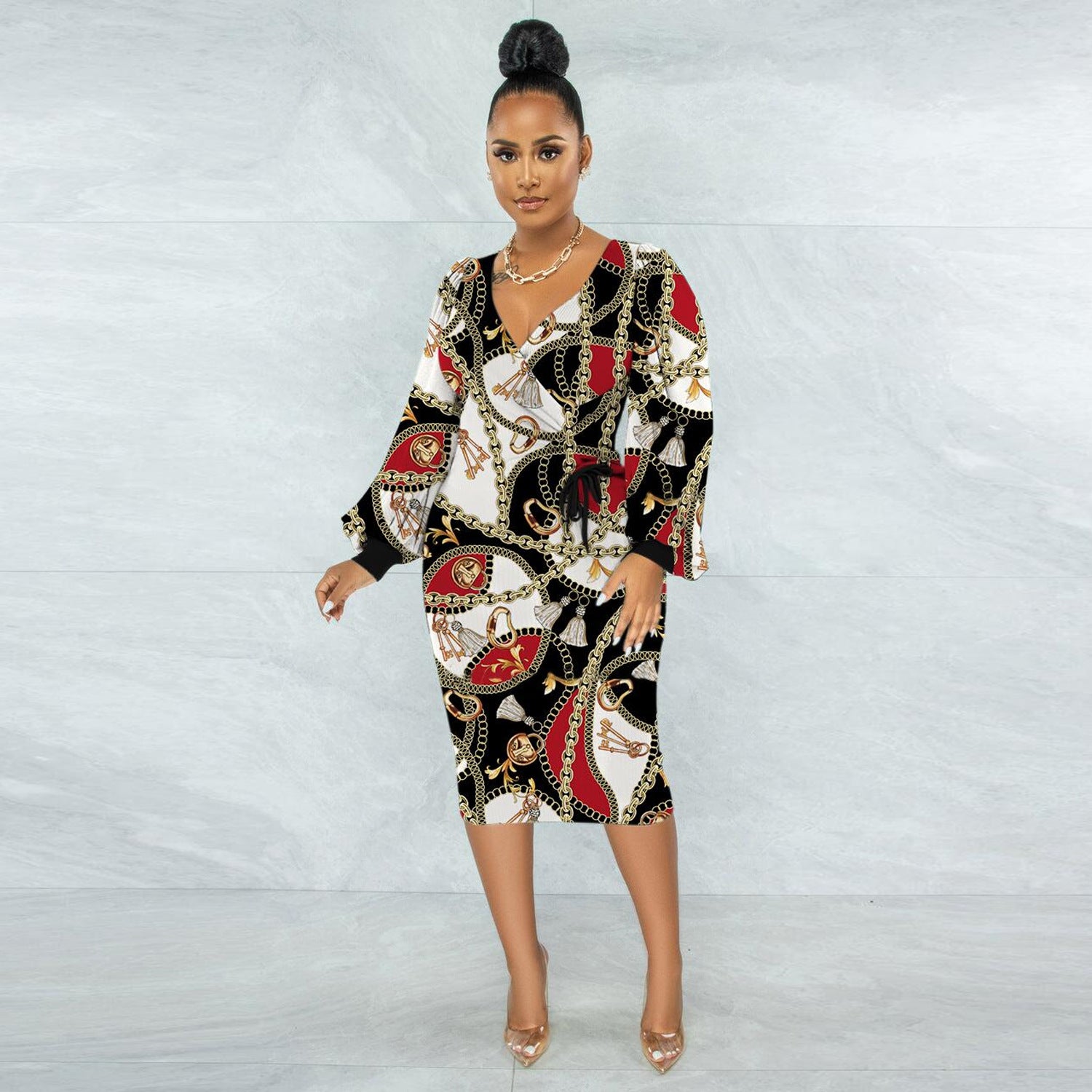 Sexy Plus Size Slim Print V-neck Midi Dress 4