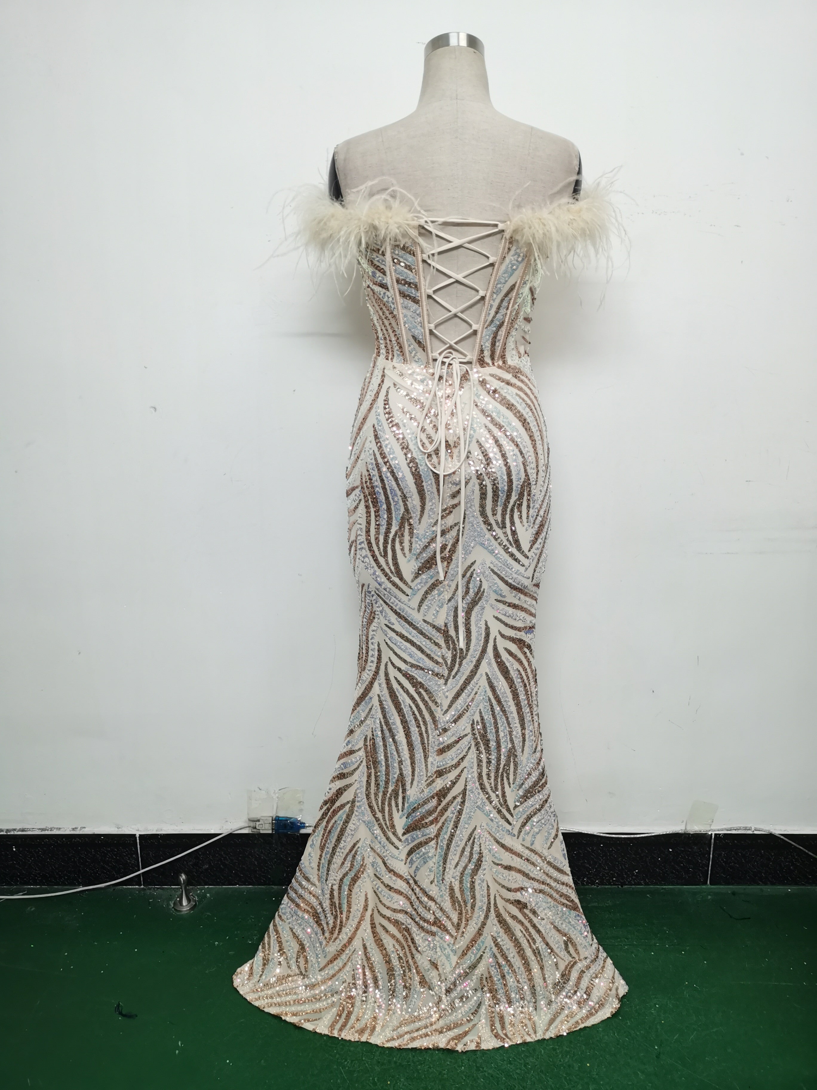 Fishbone Slim Waist Off Shoulder Feather Sequined Evening Dress 24