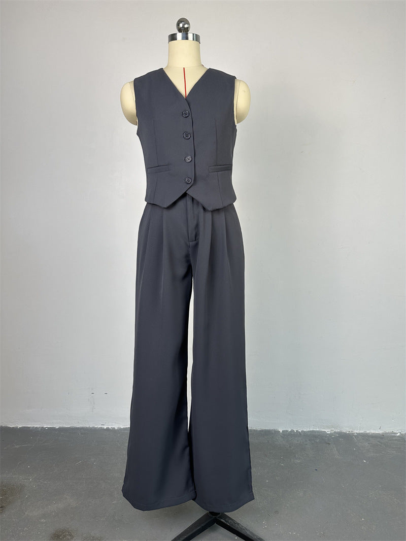 Women 's Spring V-Neck Sleeveless Vest Wide-Leg Trousers Casual Suit 26