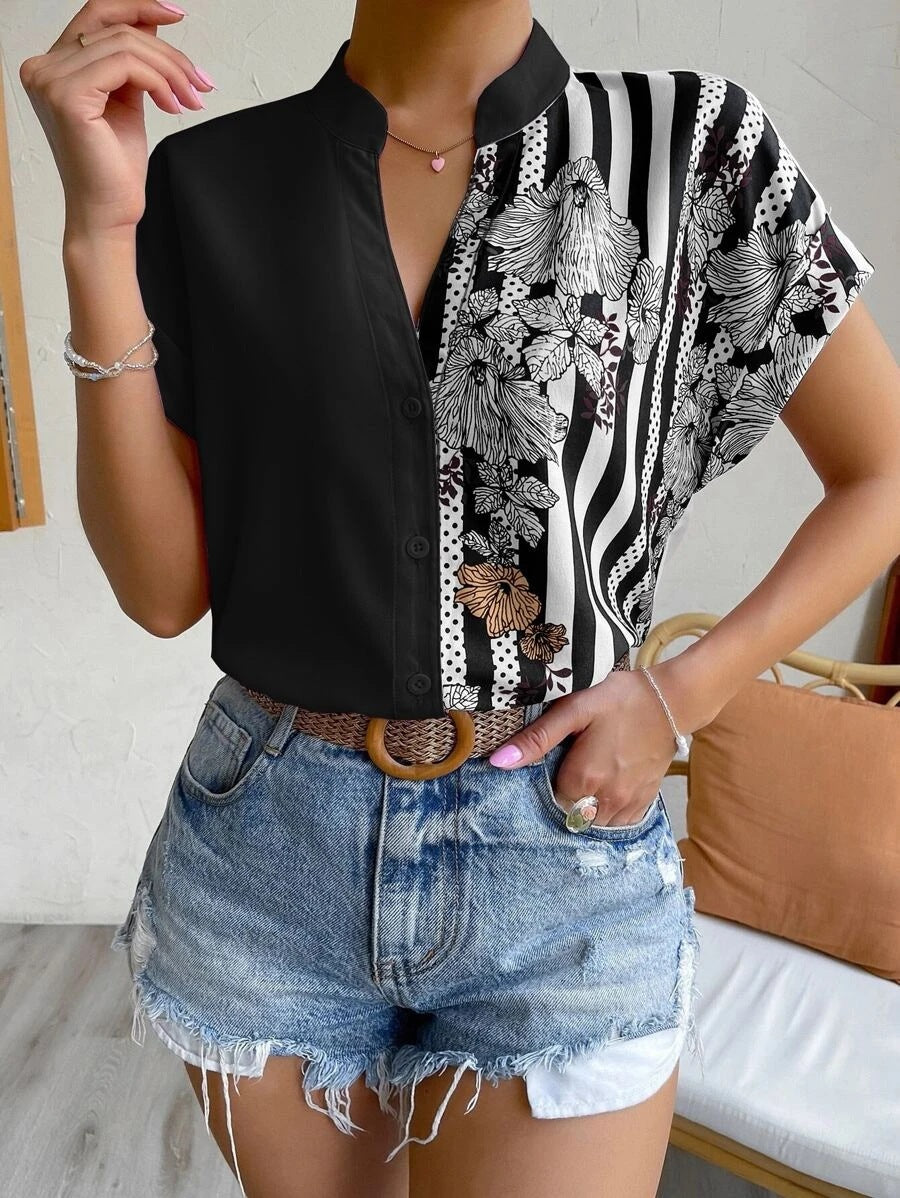Women Contrast Floral Button Short Sleeve Shirt 11