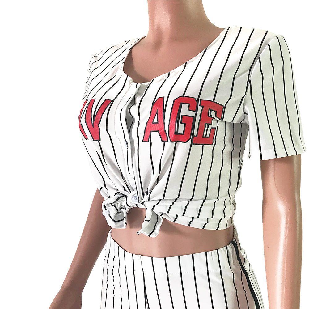Women Sexy Women Striped Letter Baseball Top and Skirt Two-piece Set 56