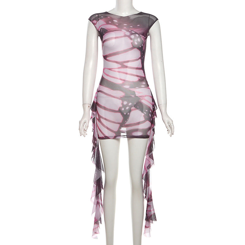 Women Butterfly Print Ribbon Short-Sleeved Dress 6