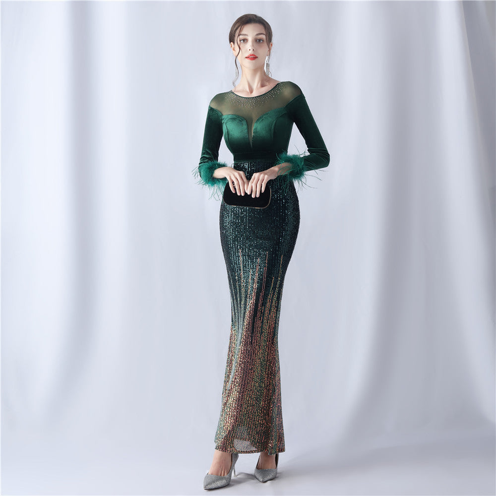 Women Gradient Beaded Velvet Evening Dress 10