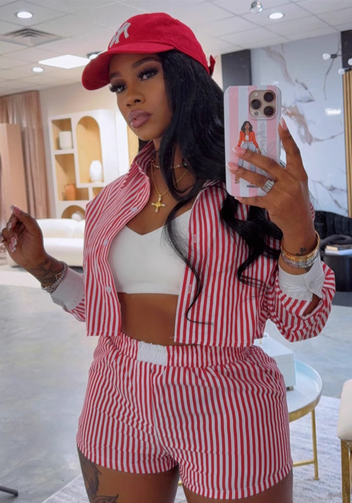 Women's Chic Career Style Striped Turndown Collar Shirt & Shorts Two-Piece Set