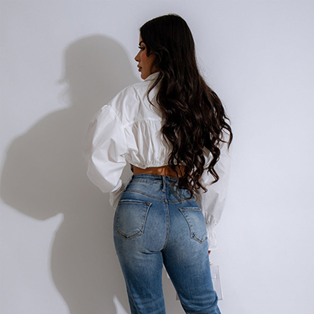 Women's Autumn Denim Patchwork Crop Bell Bottom Sleeve Women's Shirt 6