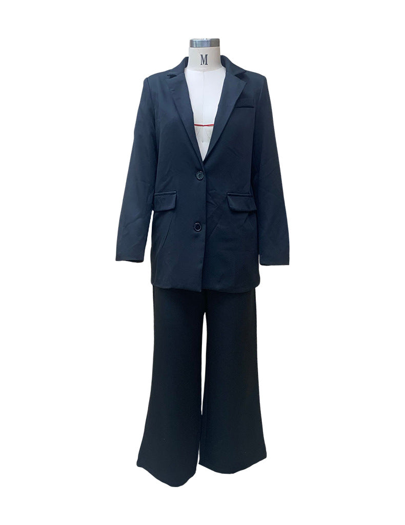 Women Solid Long Sleeve Suit and Wide Leg Pants Two Piece Set 8