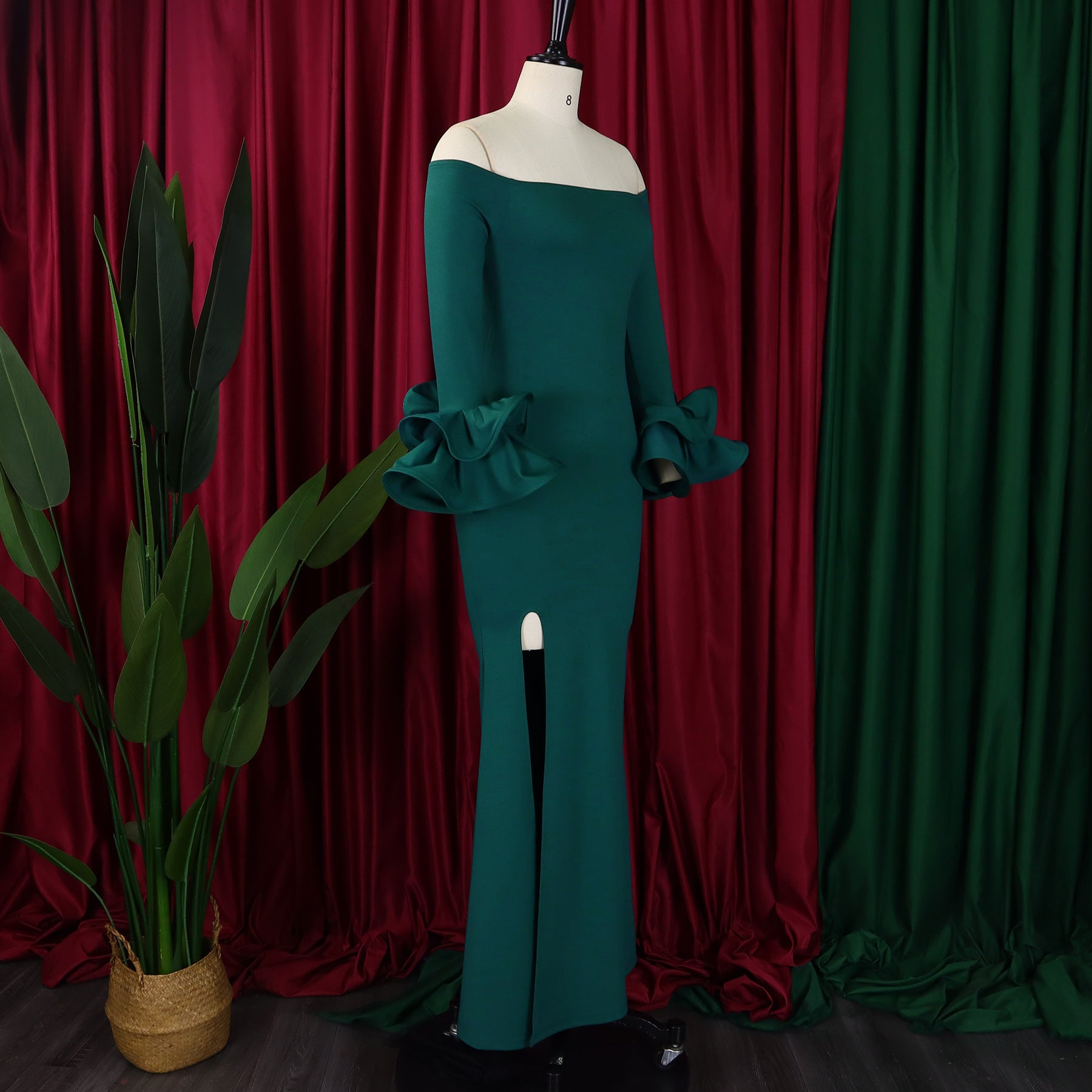 Fashionable And Elegant Off Shoulder Ruffle Sleeves Slit Formal Party Long Dress 26