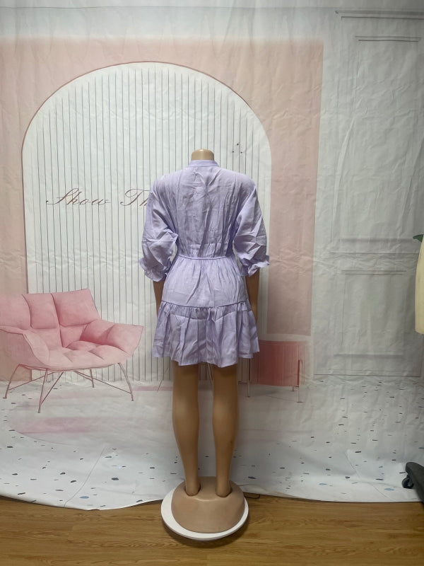 Women Solid Casual V Neck Three-quarter Sleeve Pleated Dress 15