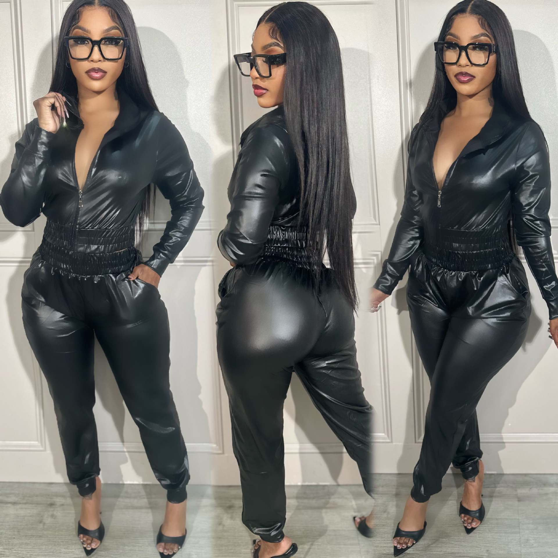 Fashionable And Sexy Pu Leather Casual Two-Piece Suit 3