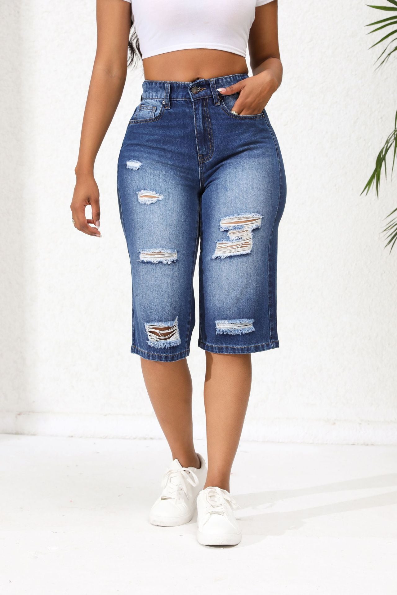 Summer Ripped Denim Pants Women's Three-Point Straight Leg Loose Trendy Midi Jeans