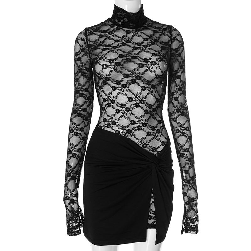 Women Solid Lace See-Through Long Sleeve Top and Skirt Two-piece Set 7