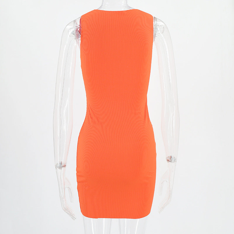 Summer Ladies Round Neck Sleeveless Solid Color Fashion Slim Bodycon Dress 19