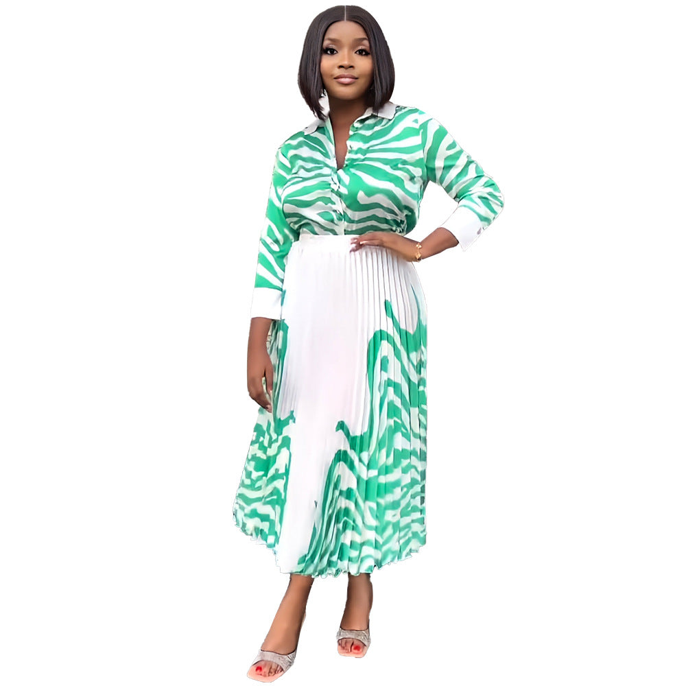 Women zebra print long-sleeved shirt and pleated skirt two-piece set 11