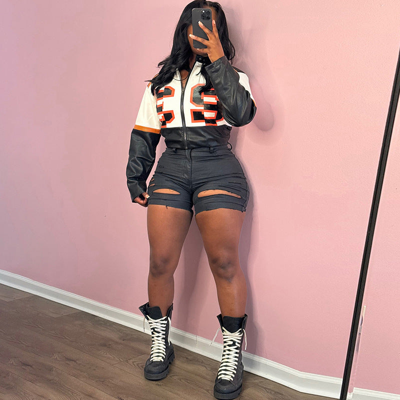 Winter Women's Fashion Sexy High Collar Zipper Contrast Color Pu Leather Jacket 4