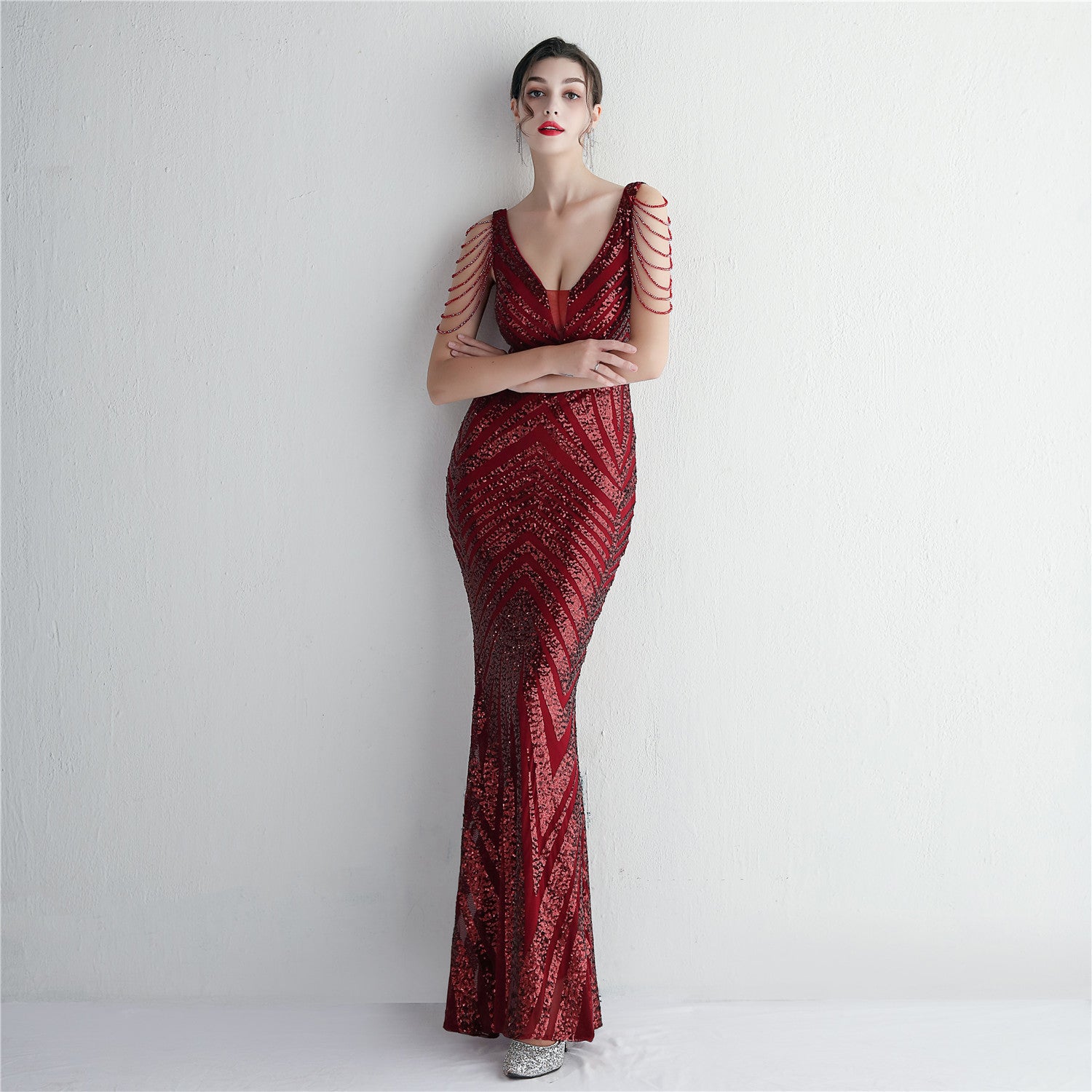 Beaded Beaded Evening Long Formal Party Slim Fit Evening Dress