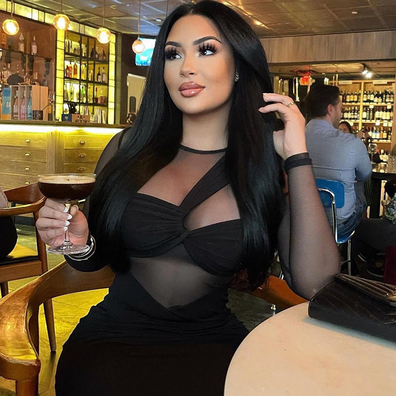 Women's Round Neck Mesh Patchwork Long Sleeve Maxi Tight Fitting Dress 3