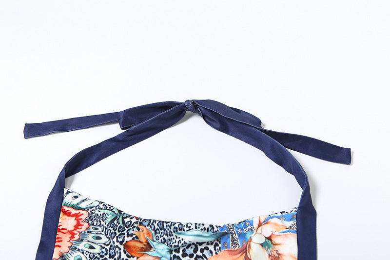 Women's Spring Halter Neck Lace-Up Floral Print Vest Trousers Two P iece Set 12