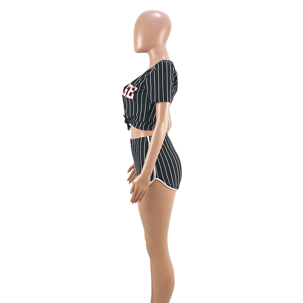 Women Sexy Women Striped Letter Baseball Top and Skirt Two-piece Set 9